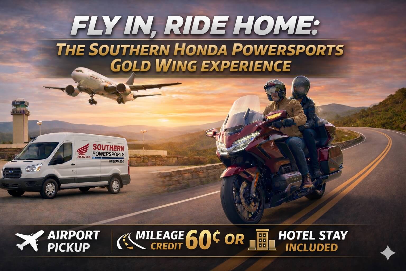 A couple riding a Honda Gold Wing motorcycle on a scenic highway at sunset, with a Southern Honda Po…