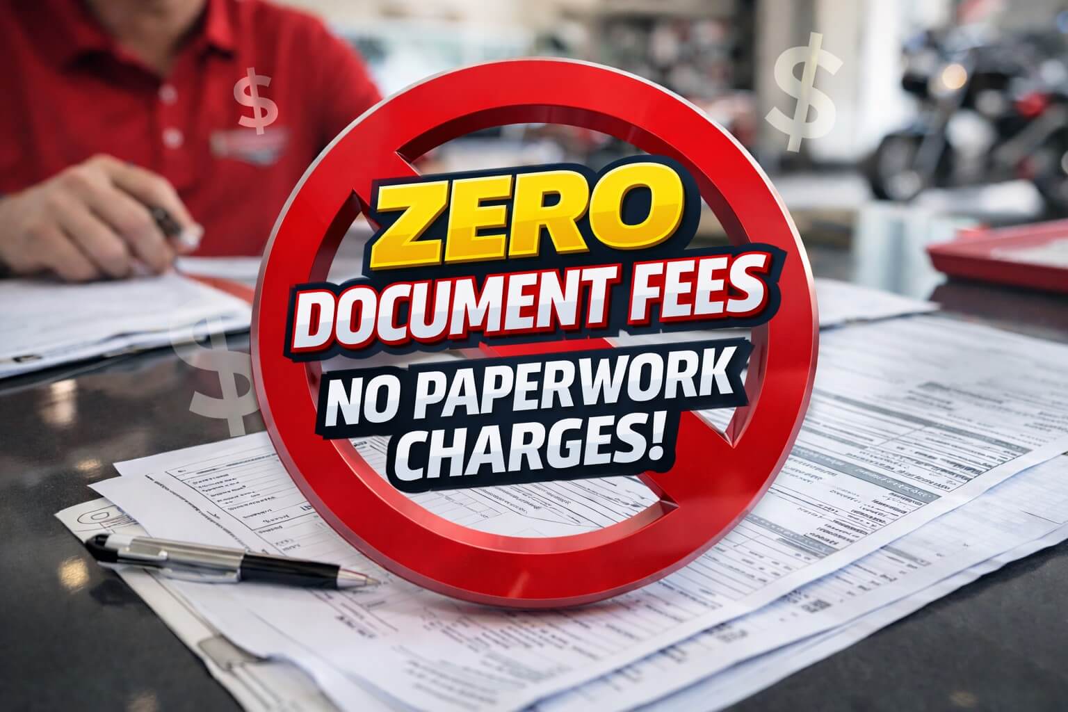 Southern Honda Powersports graphic showing dealership paperwork with a red no-fees symbol promoting…